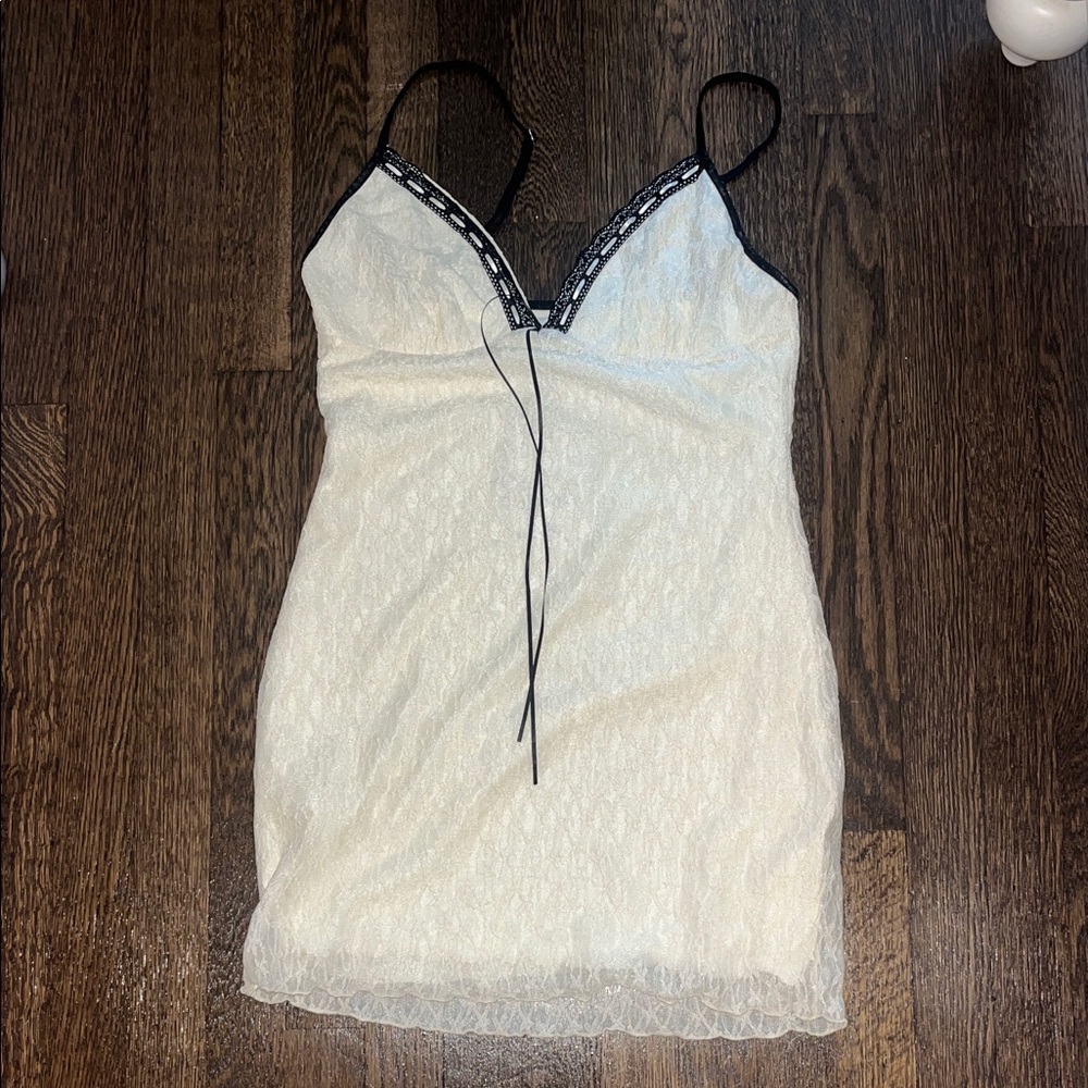 Elegant Lace Trim Off White Slip Dress